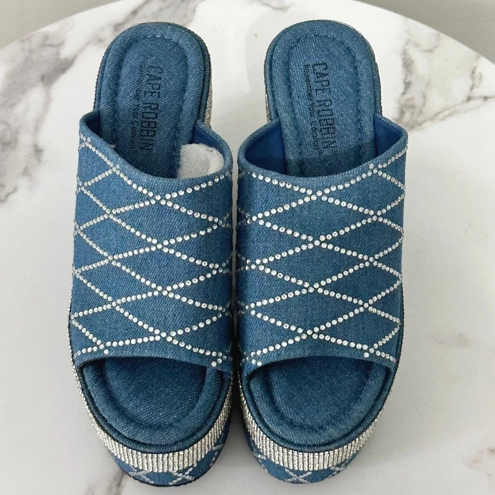 Cape Robbin Odona Rhinestone Denim Platform Wedge Slides Size 7‎ Y2K Bling Heels